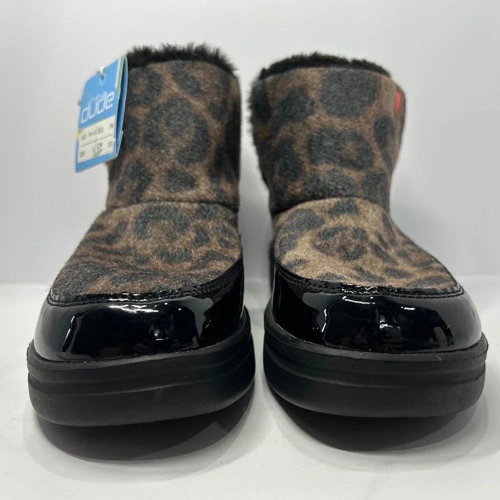 Hey Dude Youth Leopard Black Faux Fur Boots Kids Size 4 Brand New With Tags